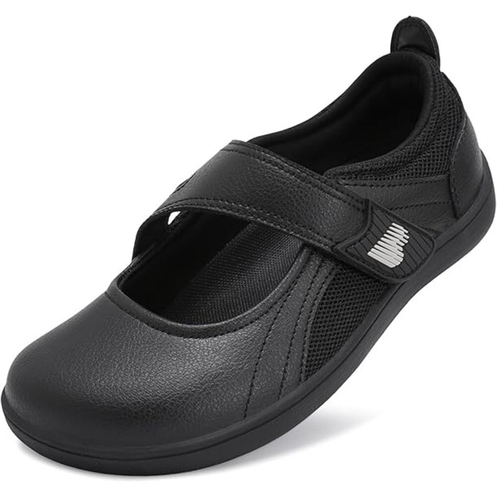 Barerun Womens Size 7.5 Black Faux Leather Mary Jane Flat Wide Toe Box Shoes